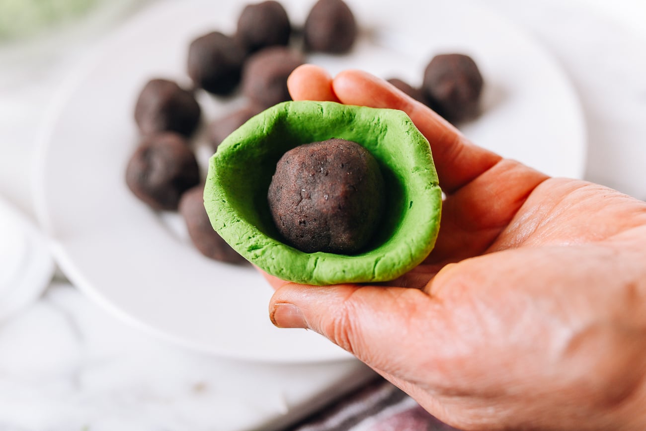 Ball of red bean paste inside glutinous rice ball shell