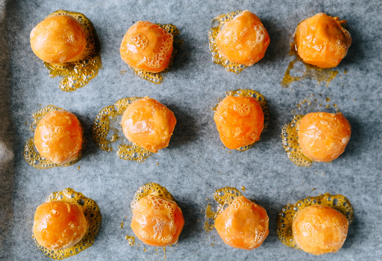 Baked salted duck egg yolks on parchment paper