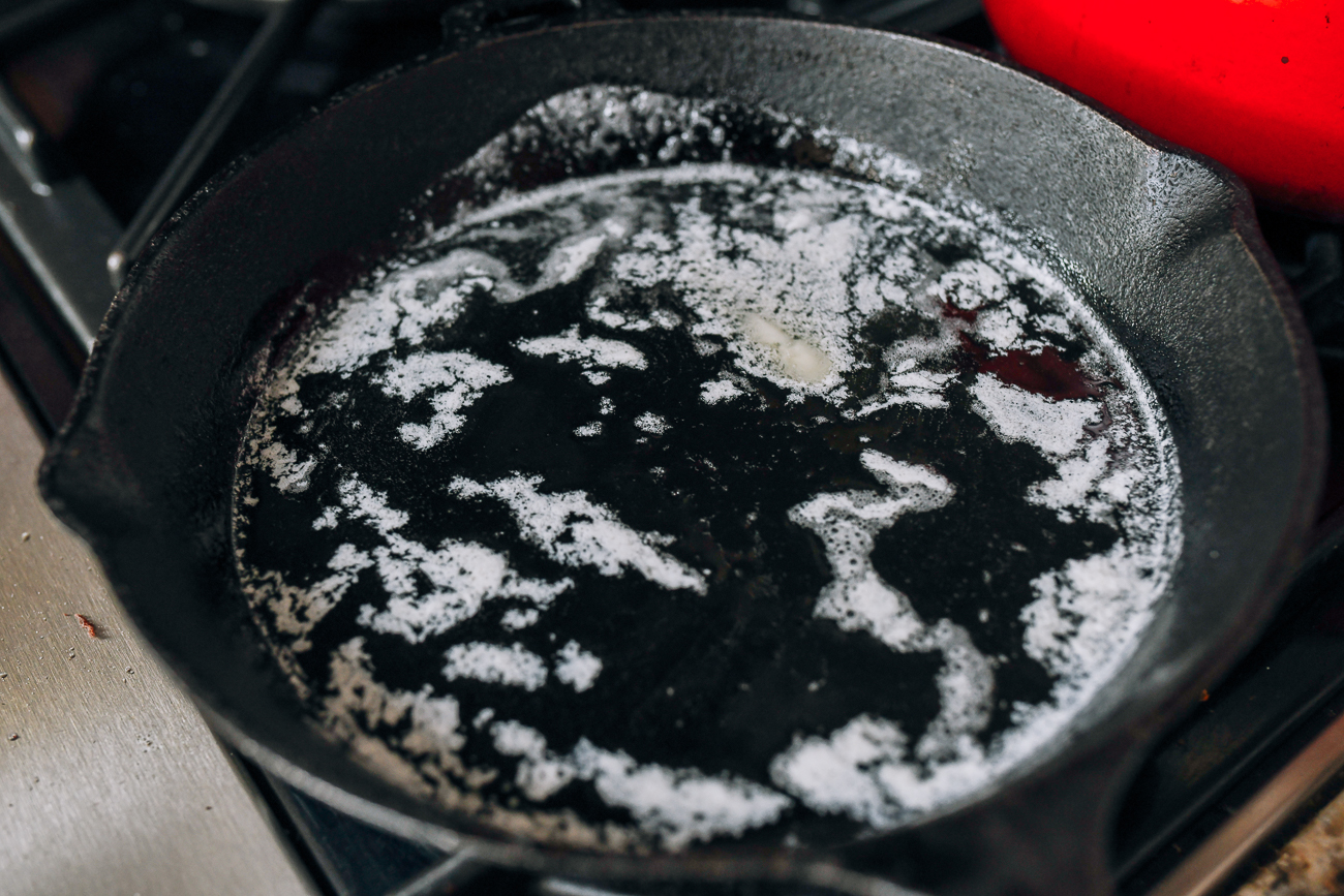 Oil and butter in cast iron frying pan