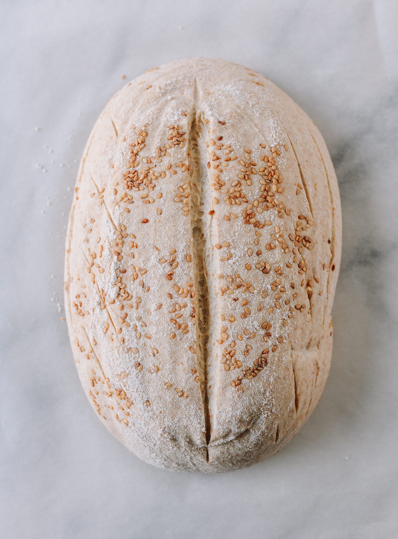 Unbaked sourdough loaf on parchment paper