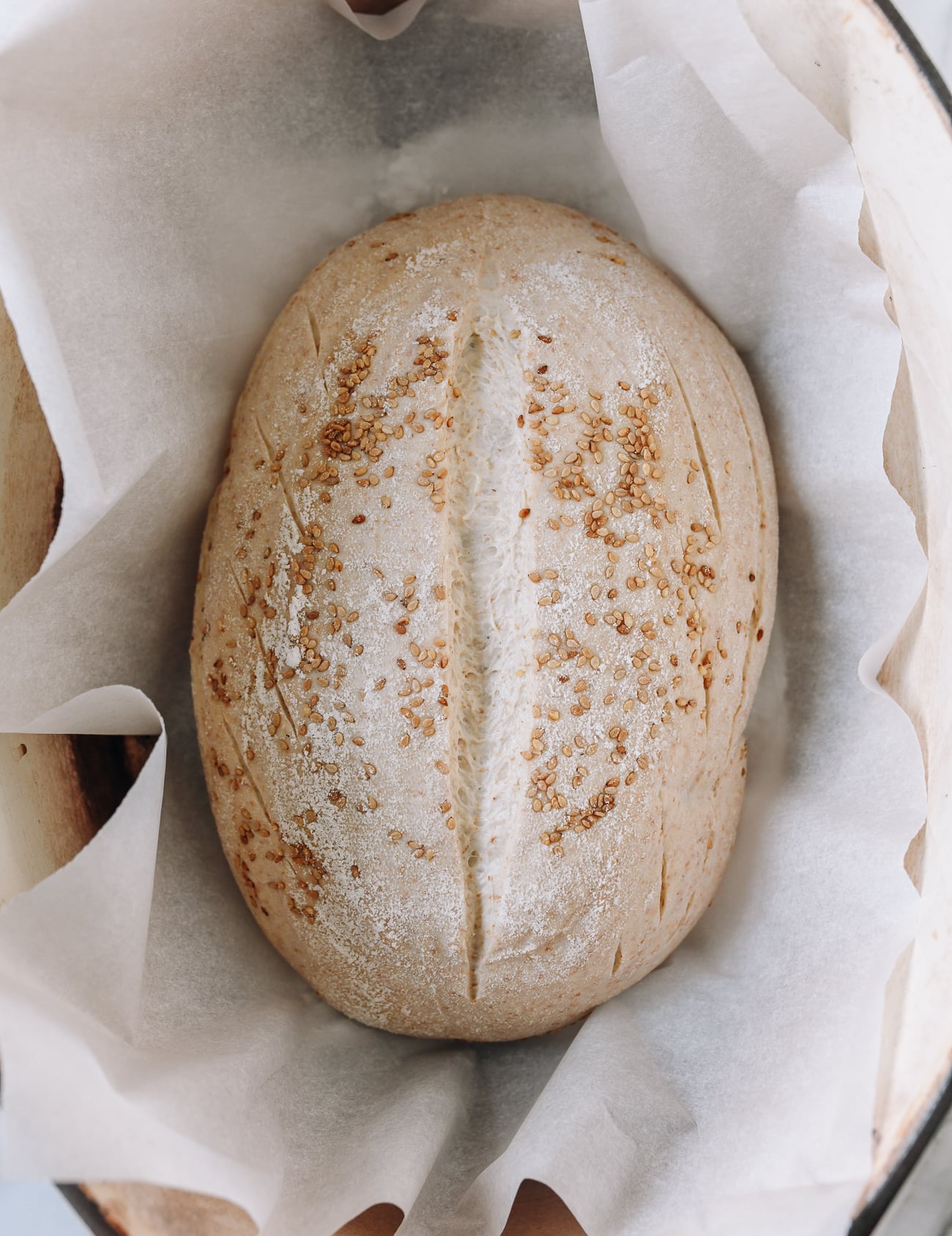 Loaf sitting in hot Dutch oven