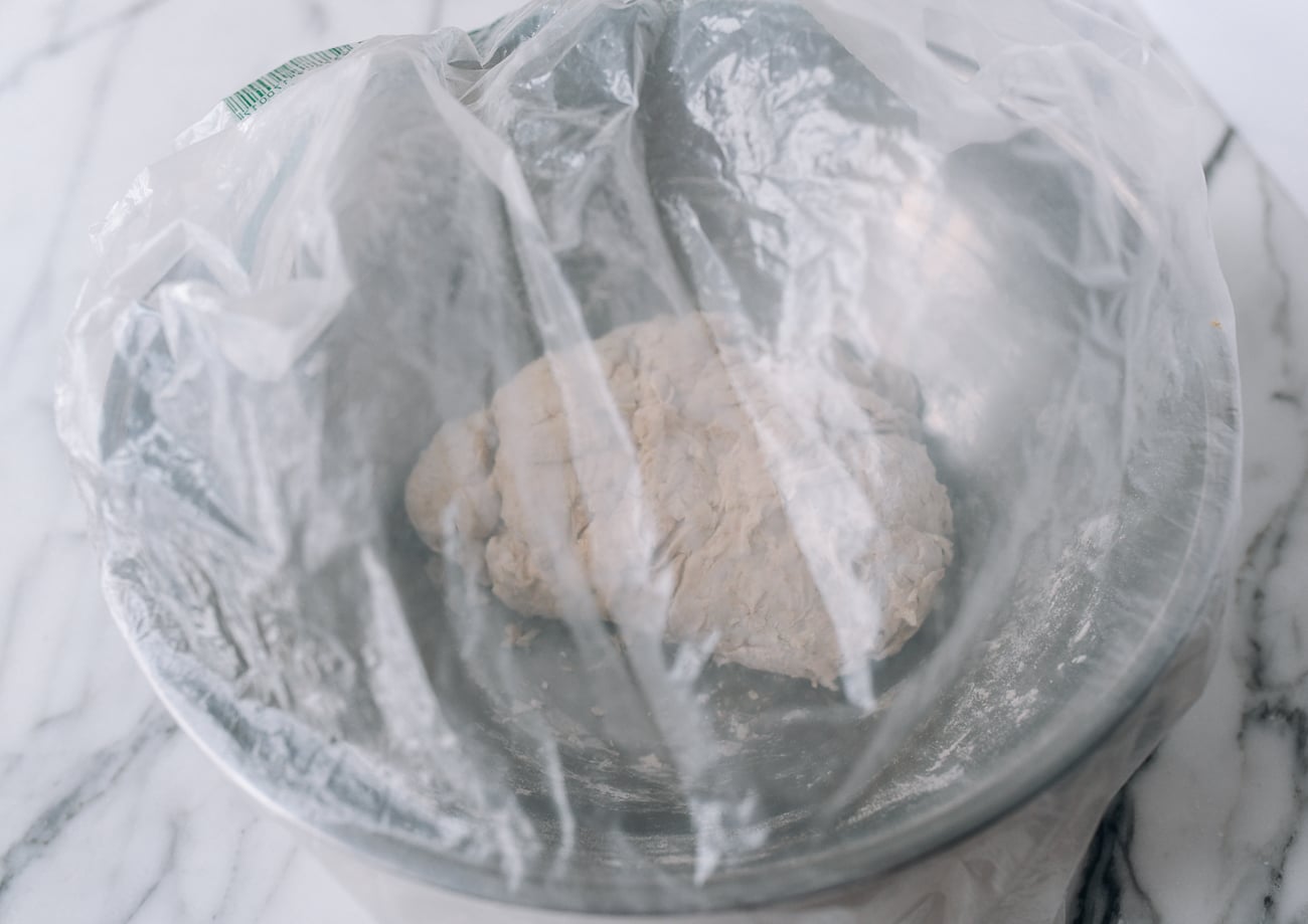 Autolyse in bowl, covered with plastic bag