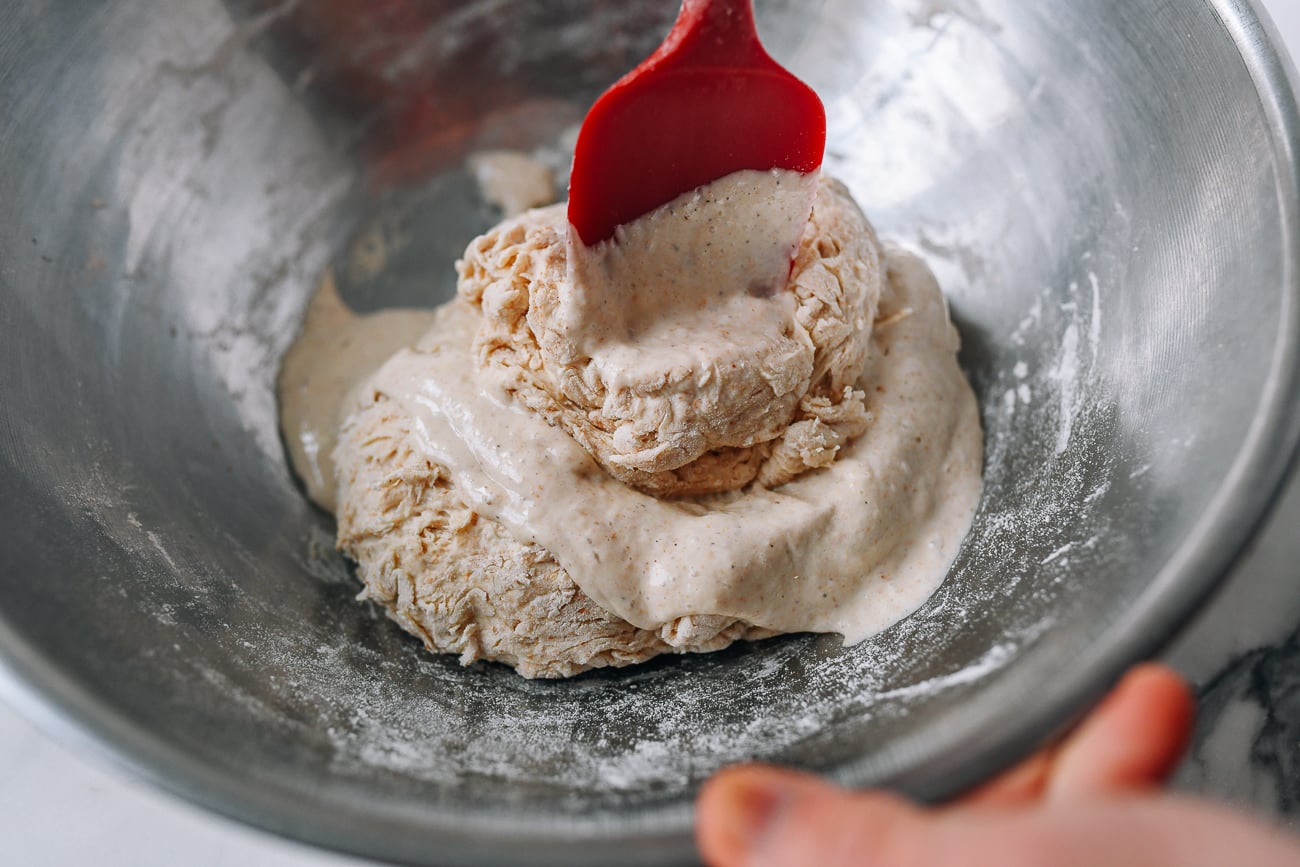Mixing starter into dough