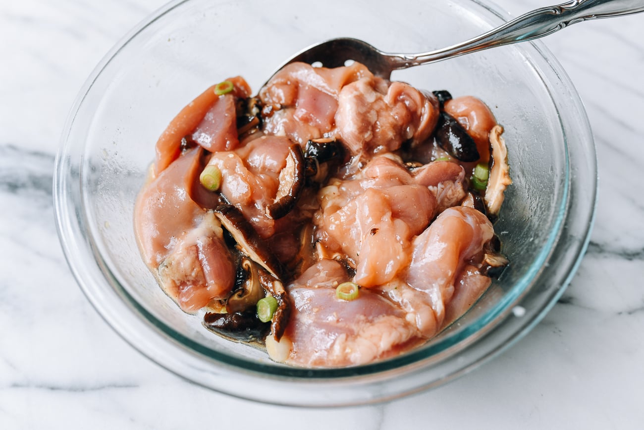 Chicken, reconstituted dried shiitake mushrooms and marinade ingredients