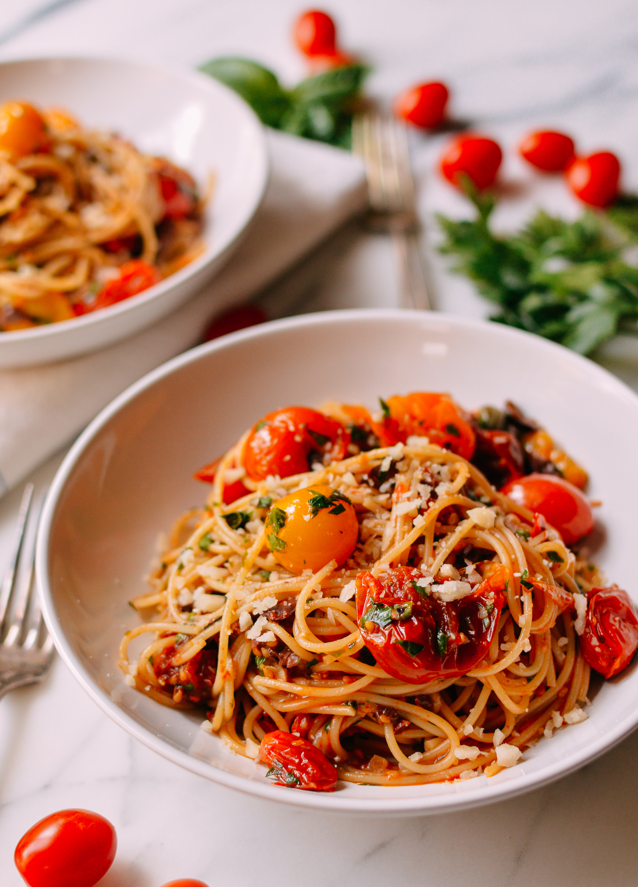 Bowl of Roasted Tomato Spaghetti Puttanesca