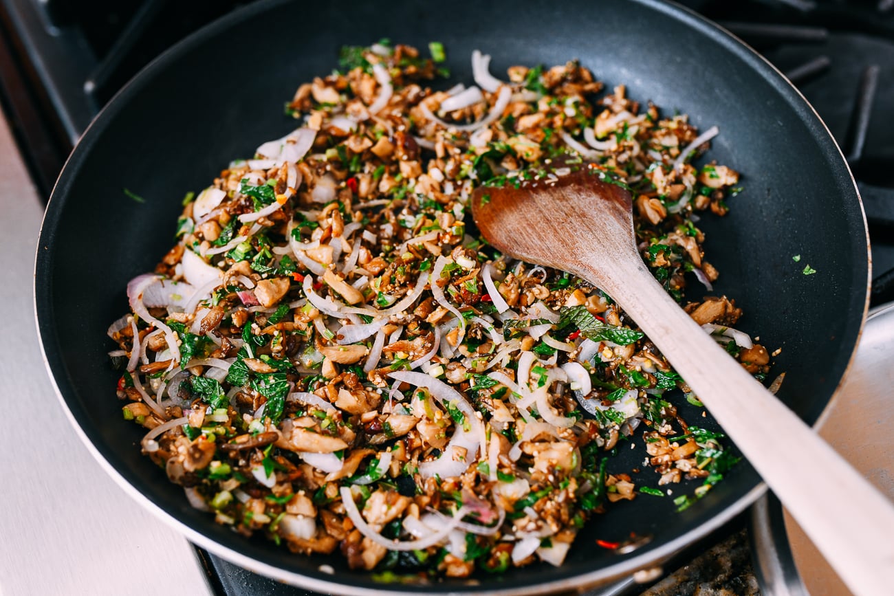 Mushroom larb in pan