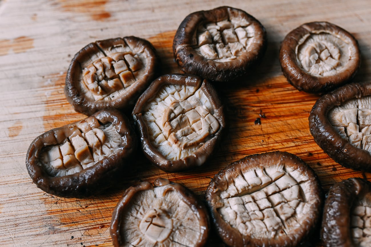 Scored blanched shiitake mushrooms