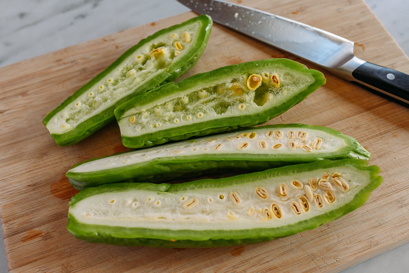 Bitter melon sliced in half lengthwise