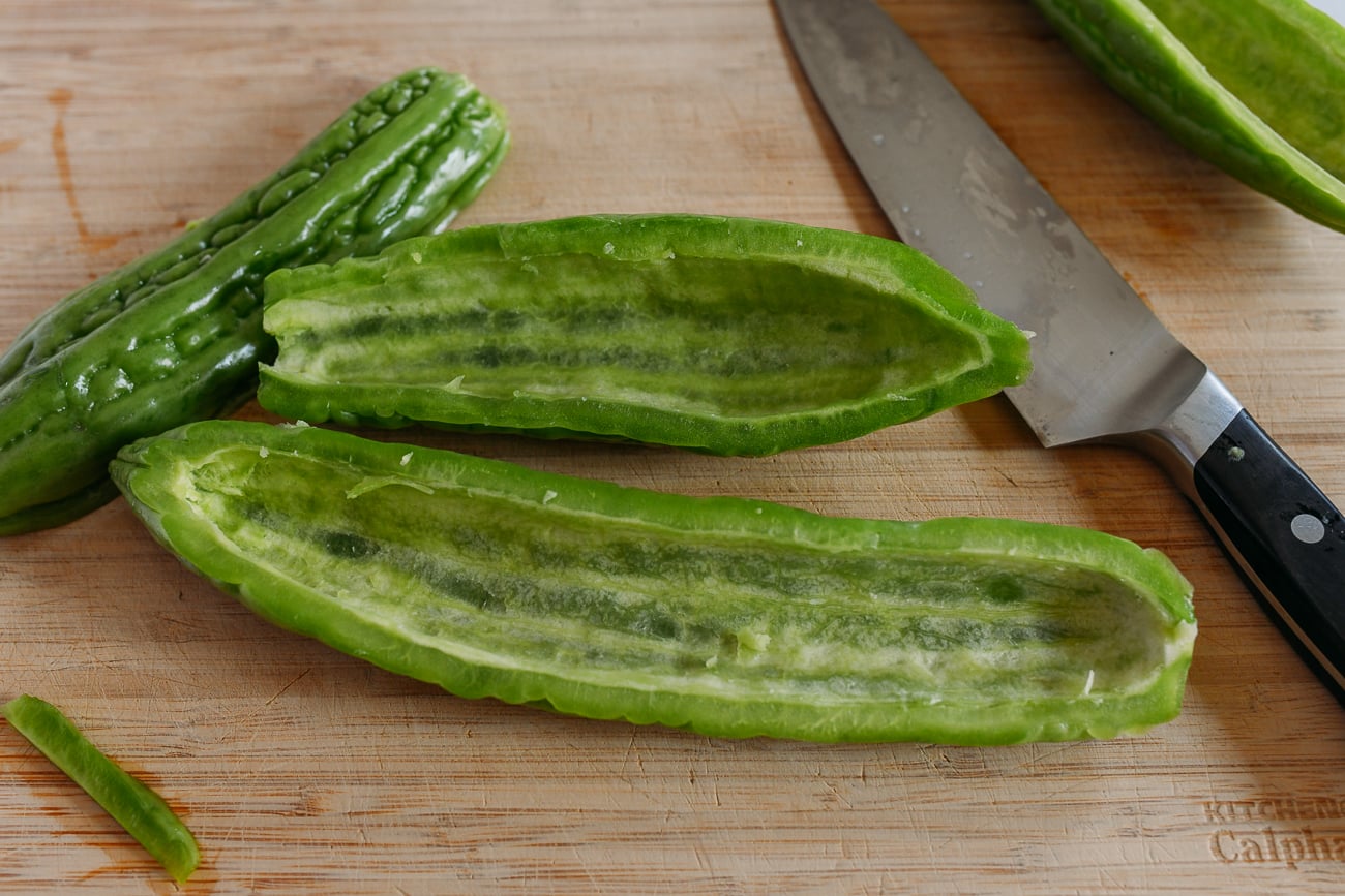 Hollowed out bitter melon halves