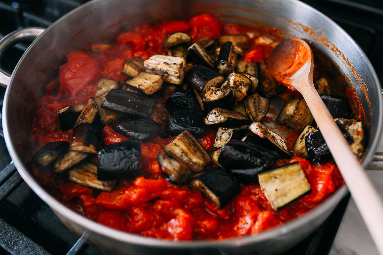 Adding eggplant to pan
