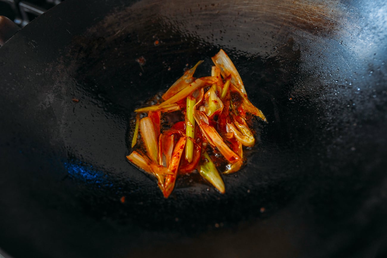 Scallions, spicy bean sauce, ginger, and garlic