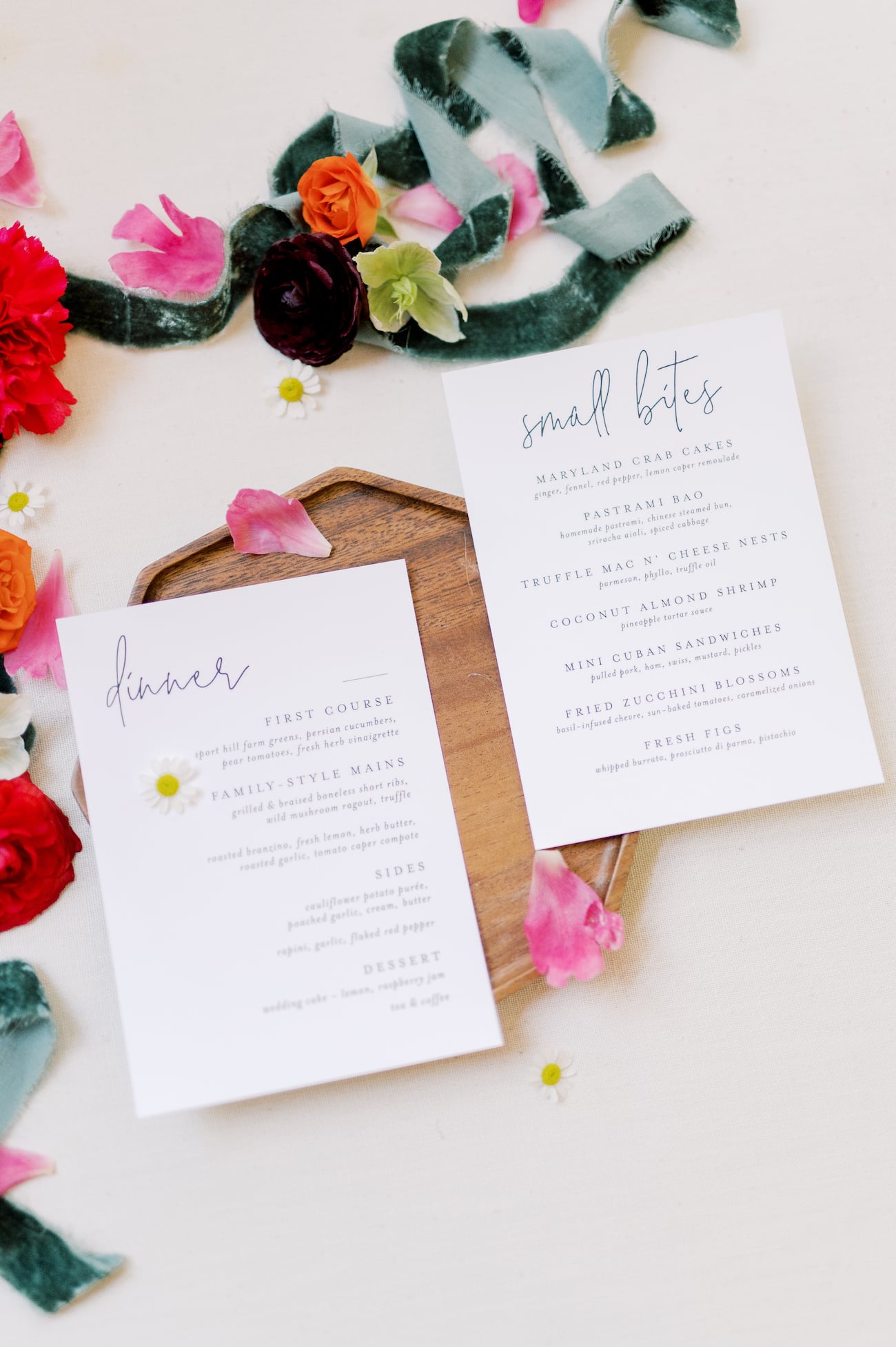 Menus for dinner and cocktail hour