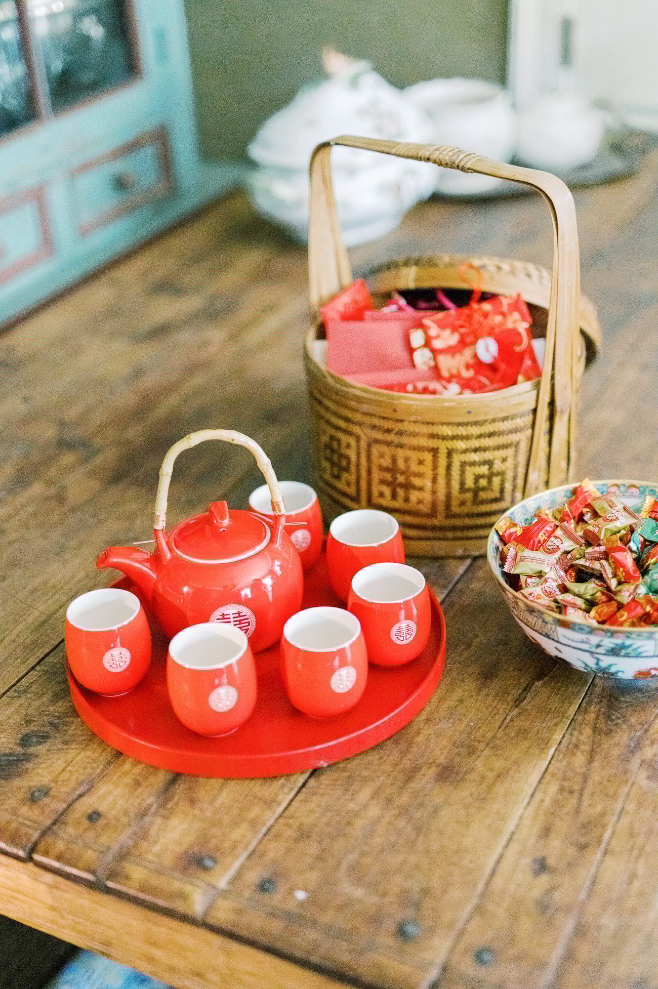 Double Happiness Chinese wedding tea set and candies