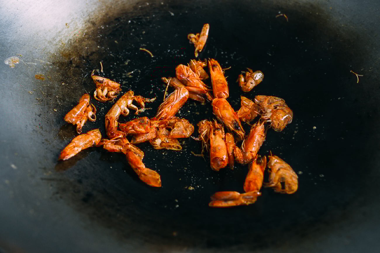 Cooked shrimp shells in wok