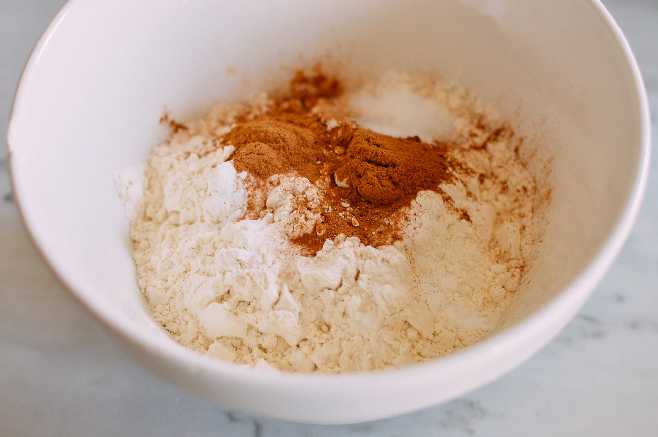 flour, baking soda, baking powder, salt, and cinnamon