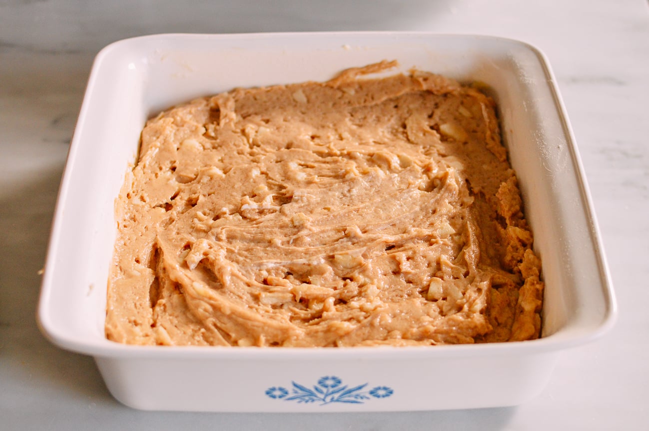 Coffee cake batter in baking pan