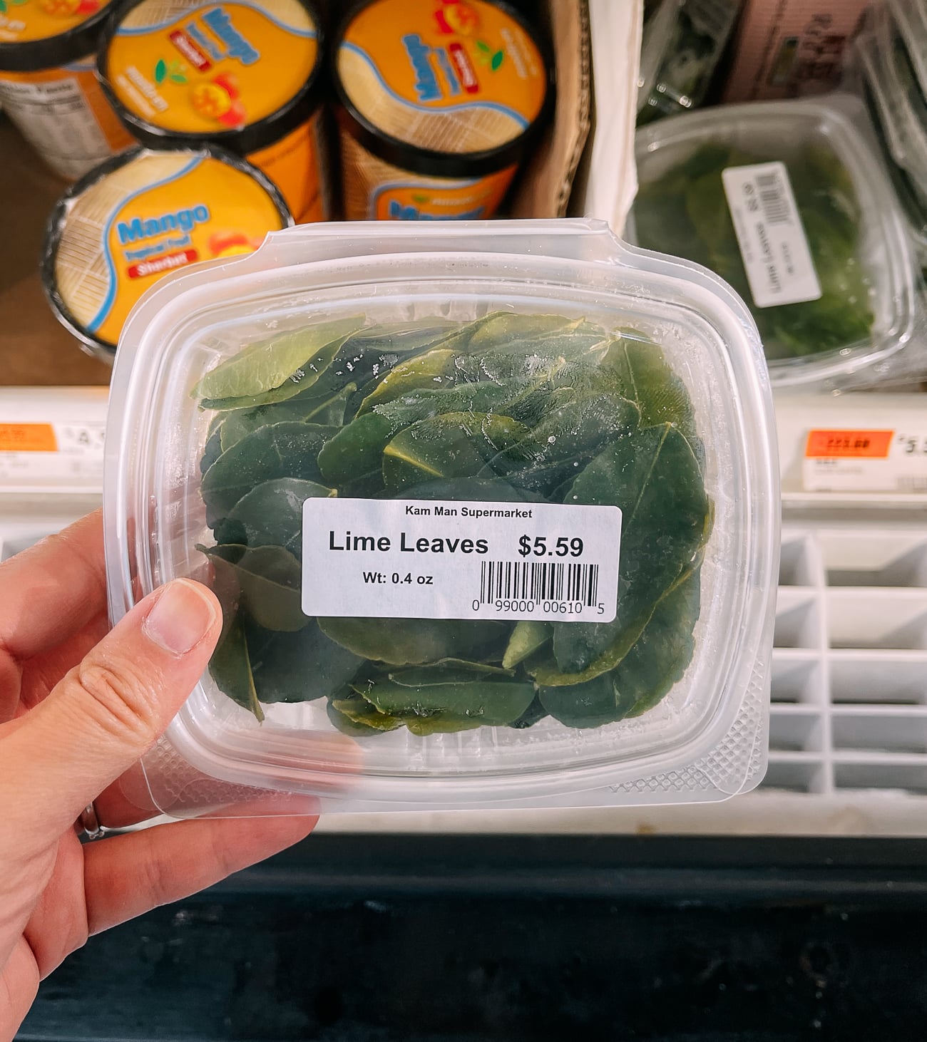 Box of frozen makrut (kaffir) lime leaves