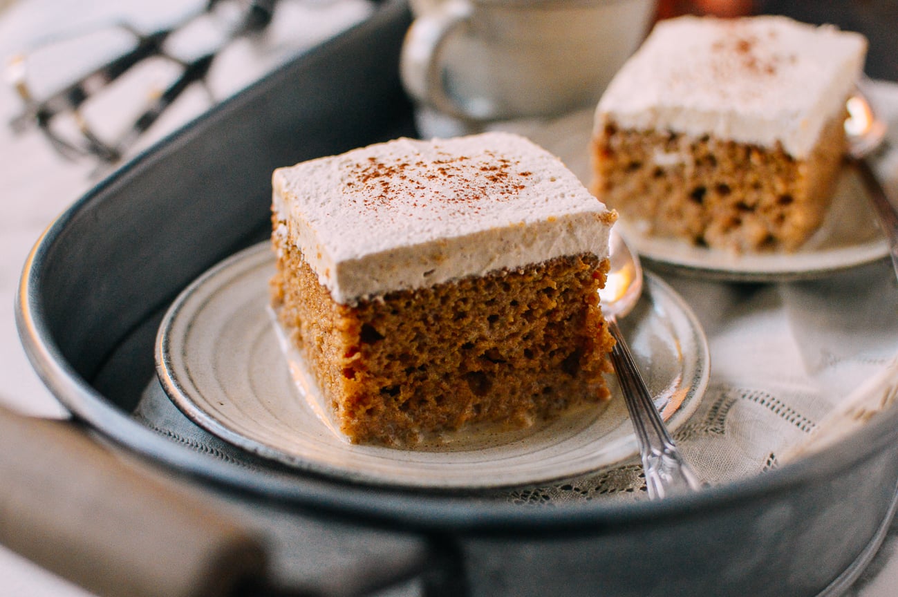 Slice of Pumpkin Tres Leches Cake with Spiced Cream