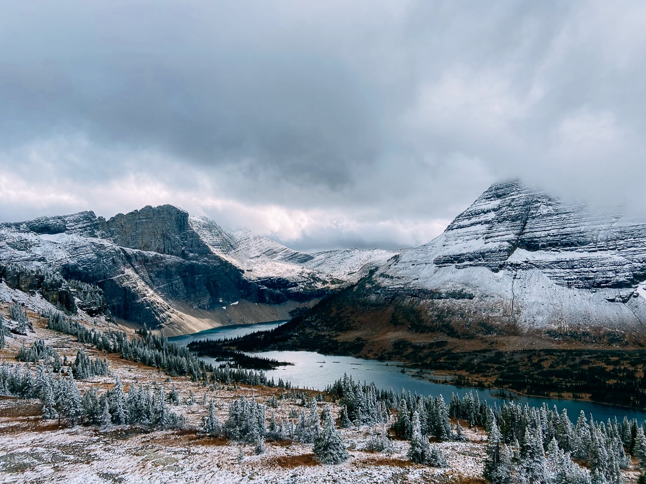 View of hidden lake after snow
