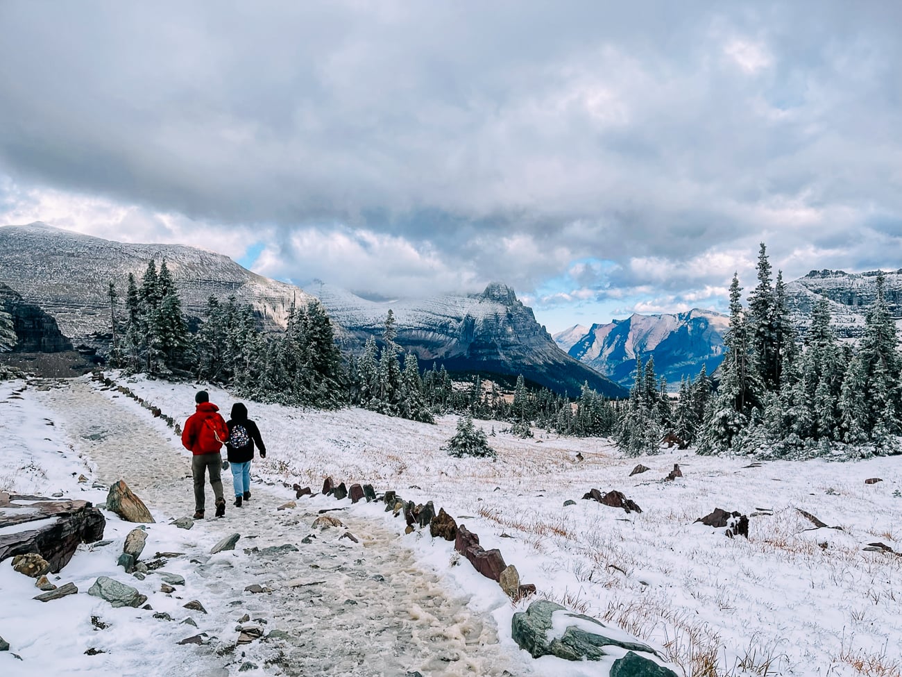 Hiking back down Hidden Lake Nature Trail in slushy conditions