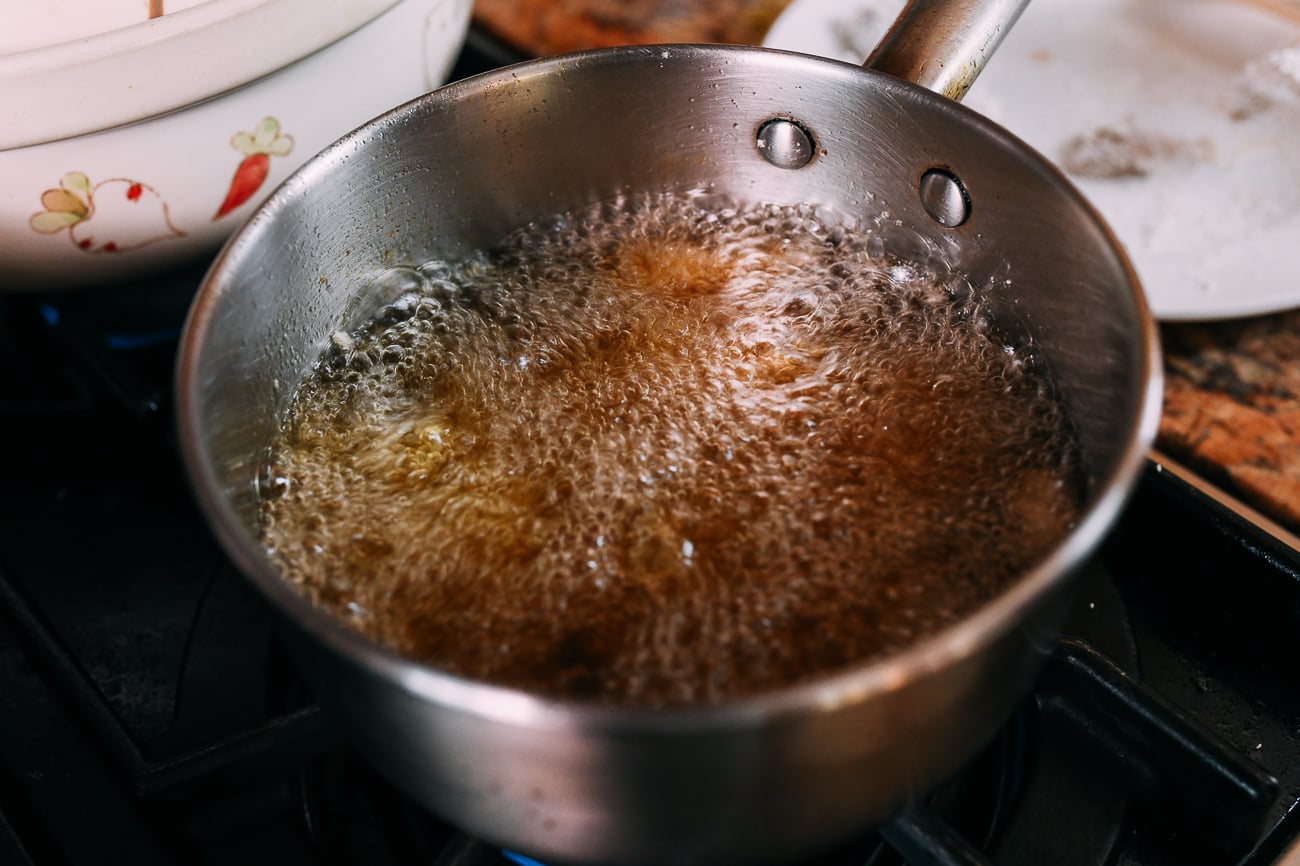 Hot bubbling frying oil