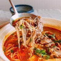 Chinese Tomato Beef Soup with Enoki Mushrooms and Mung Bean Noodles