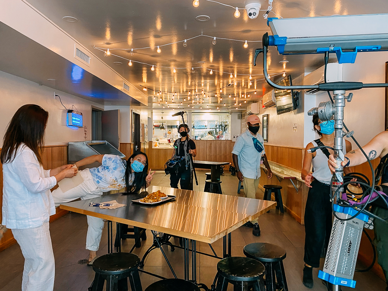 Prepping for filming at Xi'an Famous Foods in Chelsea