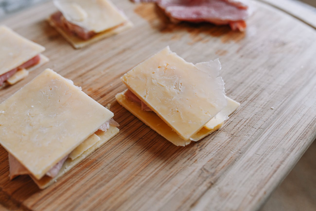 ham and cheese prepped to put into croissants
