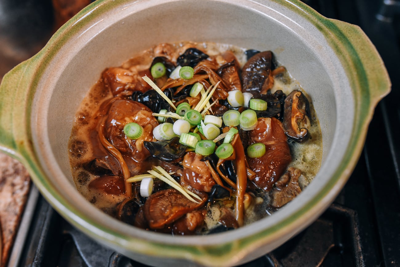 Chicken Mushroom Claypot Rice on stove before cooking