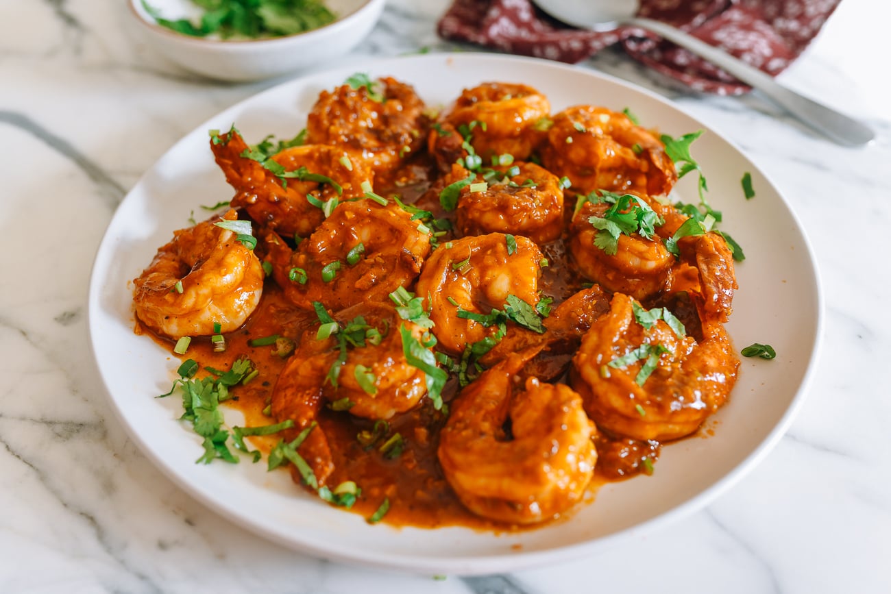 Chili Garlic Tiger Shrimp on White Plate