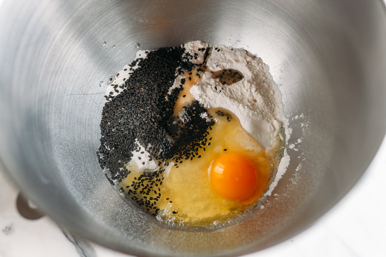 Zha Ma Ye dough ingredients in mixing bowl