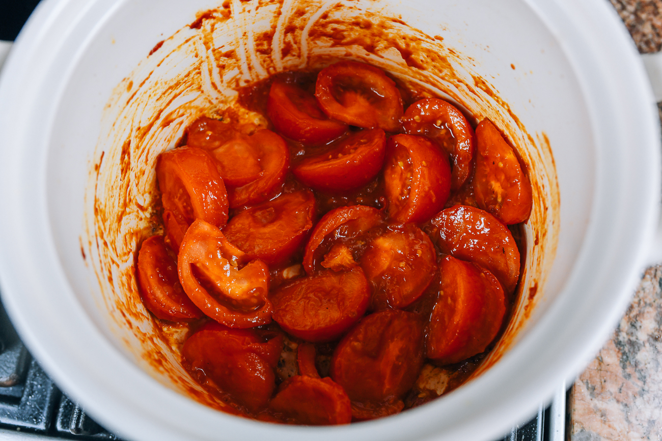 Softened tomatoes in pot