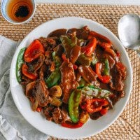 Beef with Black Bean Sauce on white plate