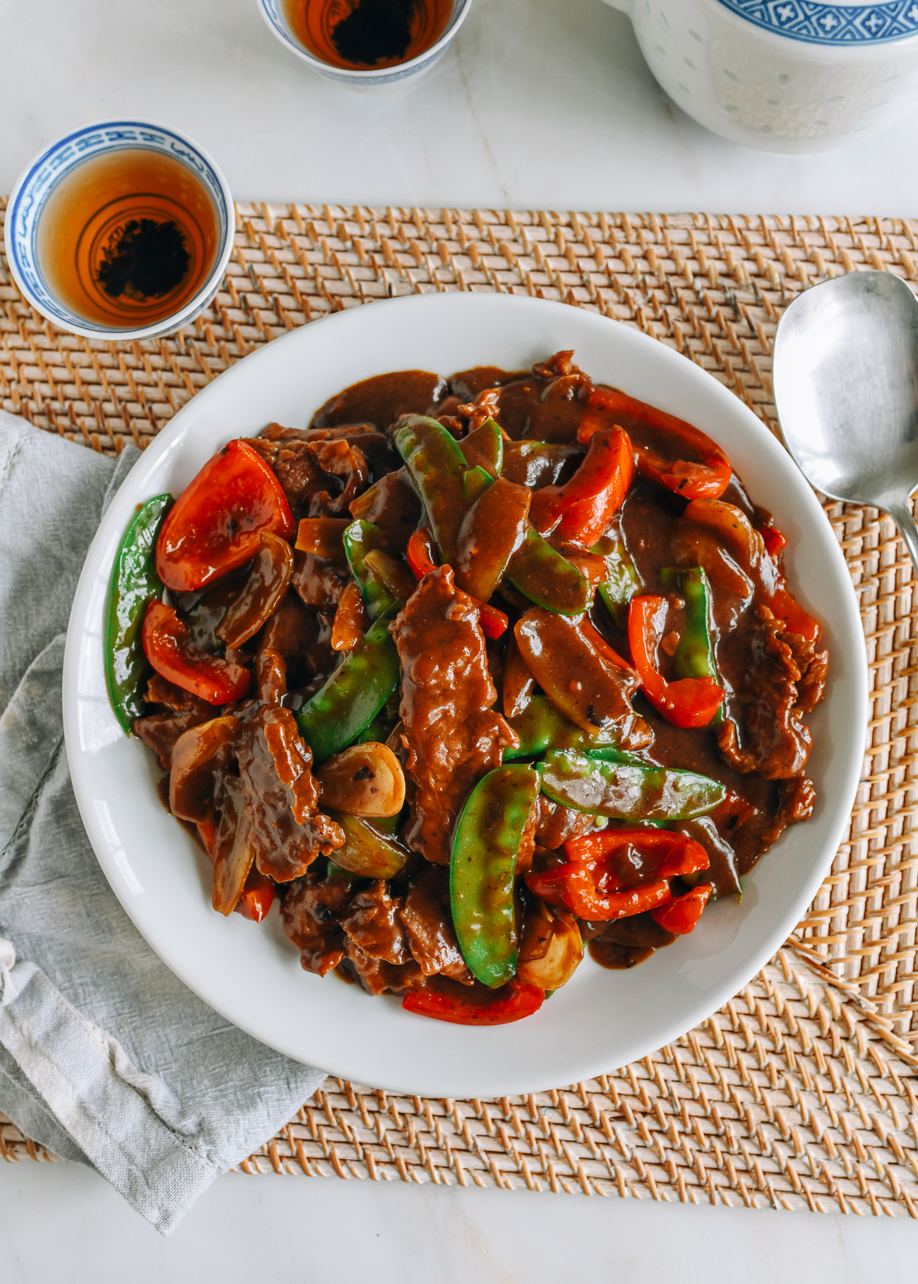 Beef with Black Bean Sauce on white plate