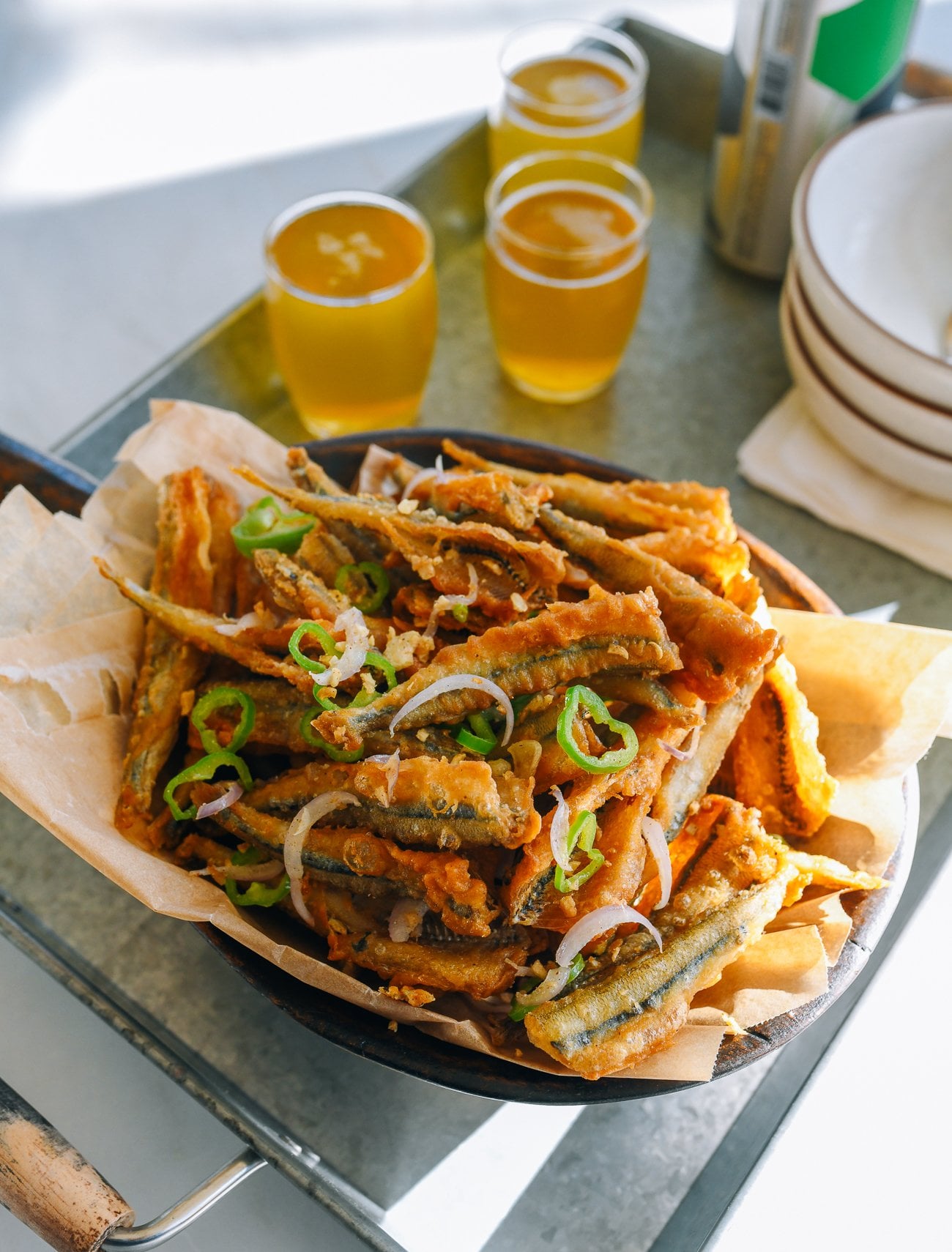 Cantonese salt and pepper fried smelts served with beer