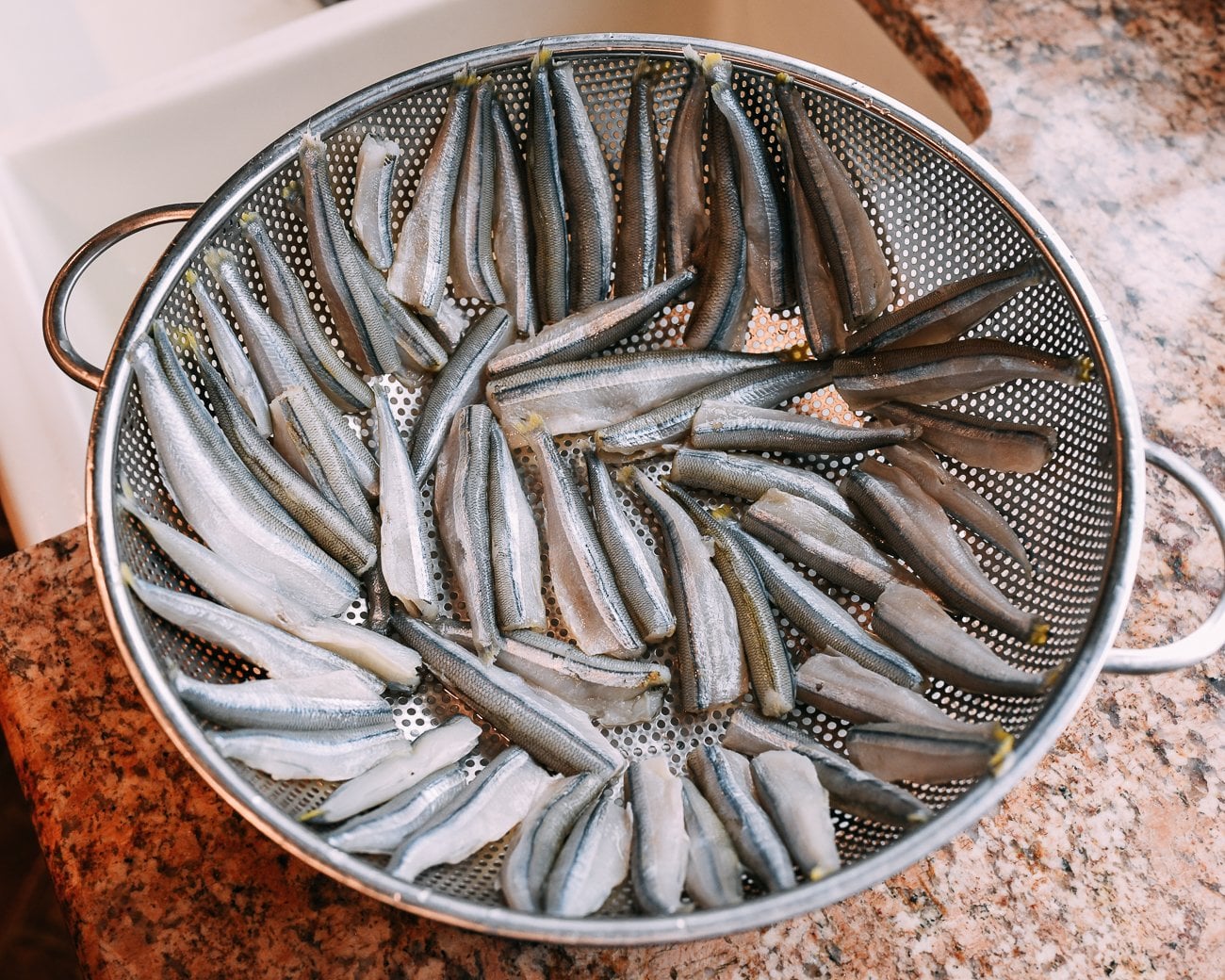 smelts in colander