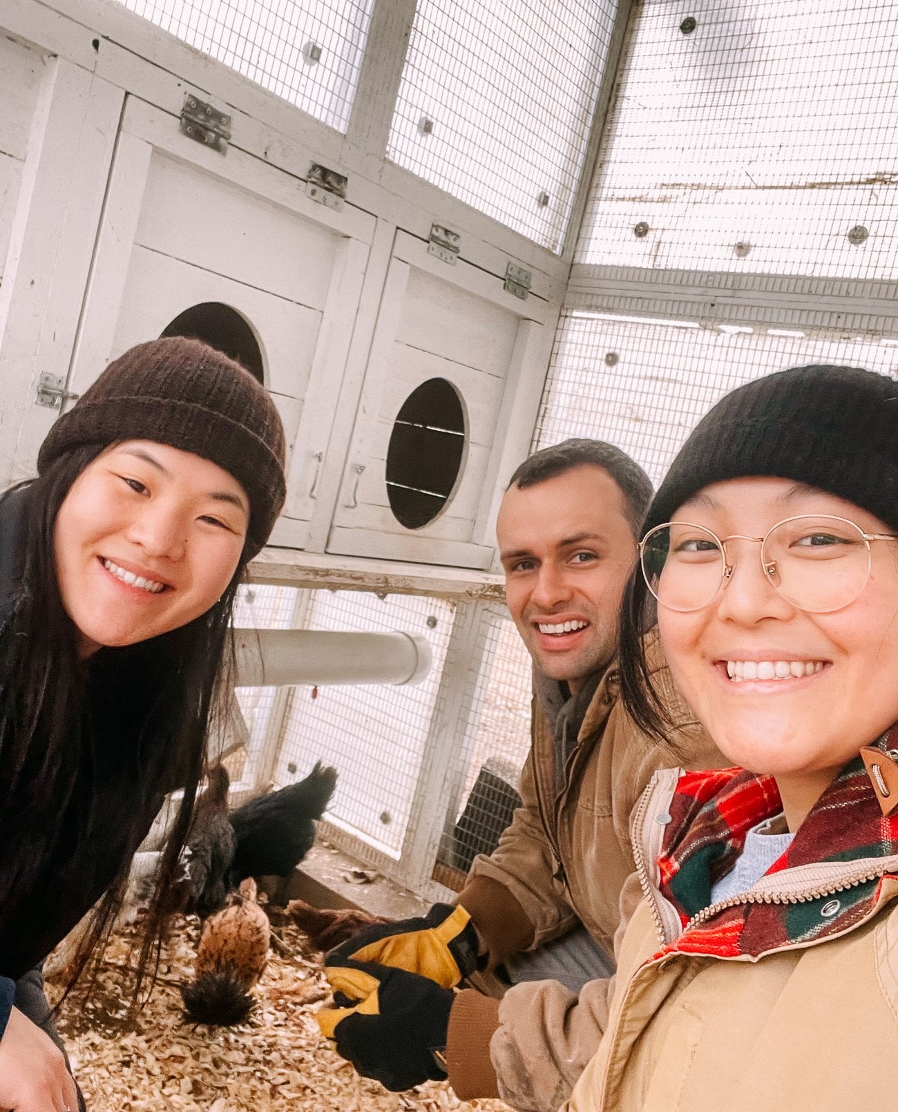 Sarah, Justin, and Kaitlin in Chicken Coop