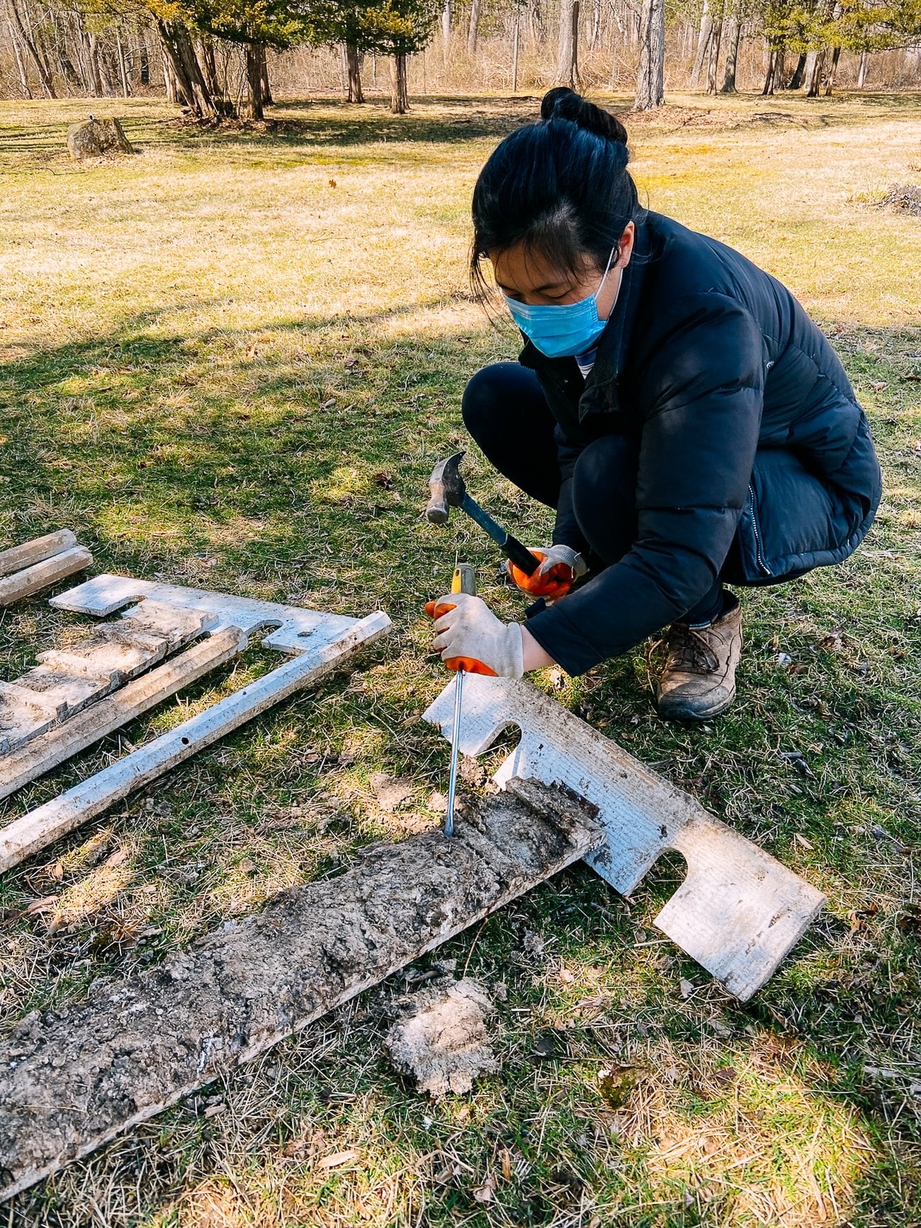 chiseling chicken poop off of coop steps