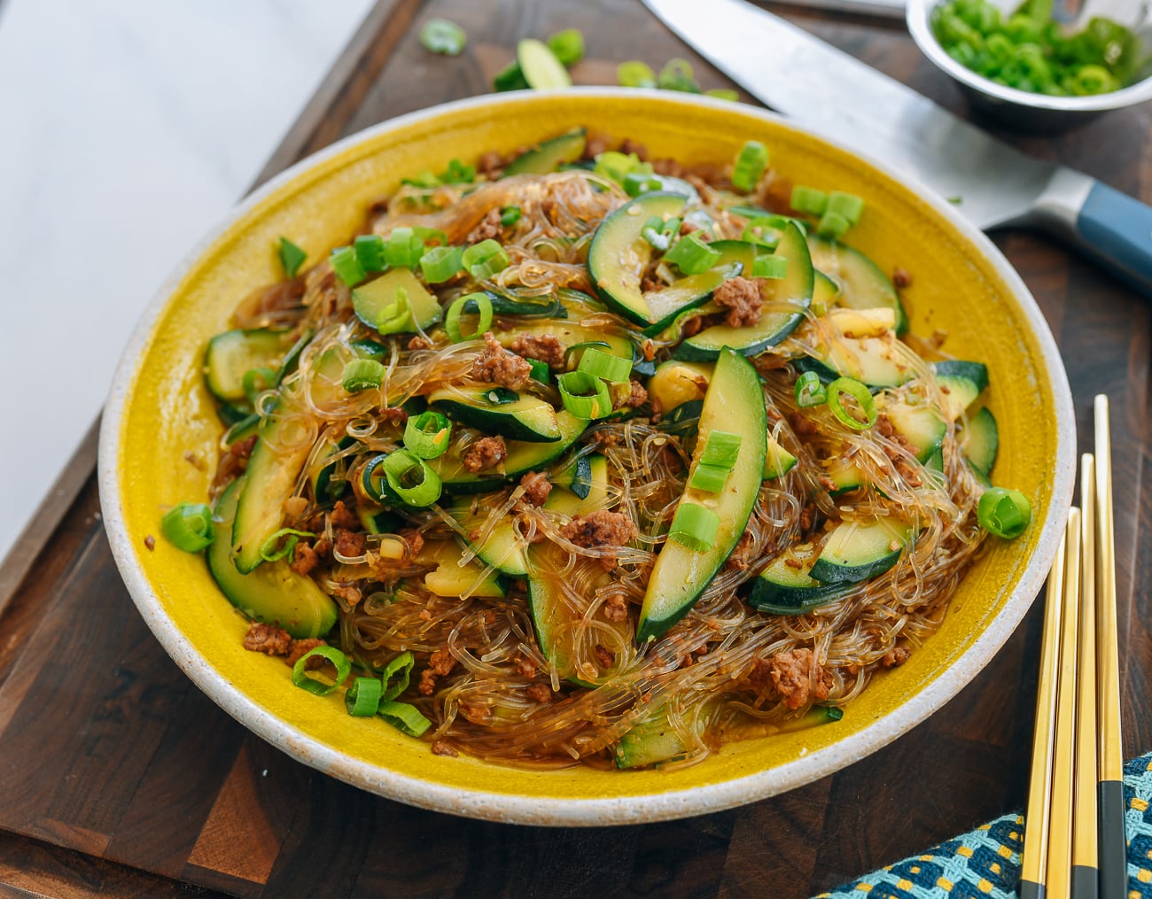 Zucchini with Glass Noodles on Yellow Plate