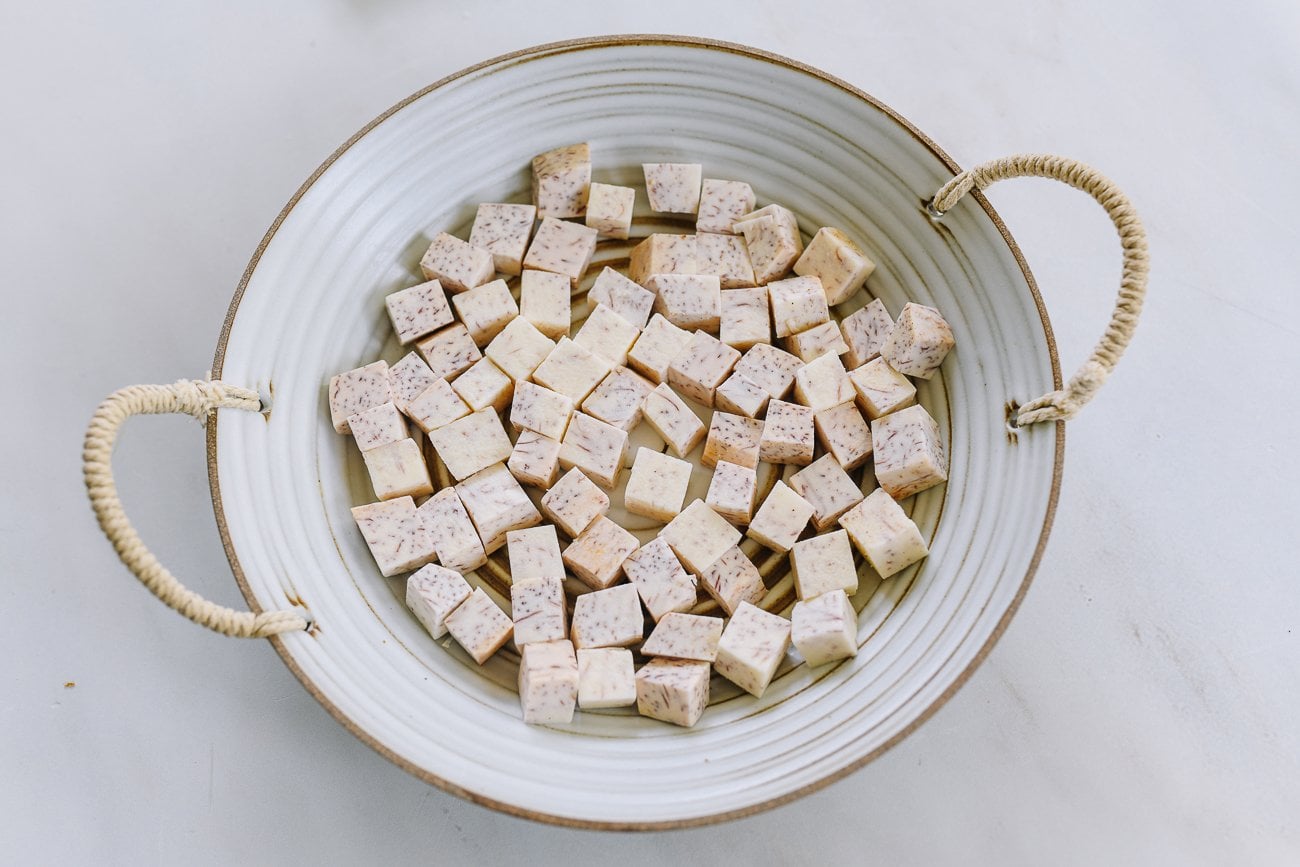 cubed taro in heatproof shallow bowl