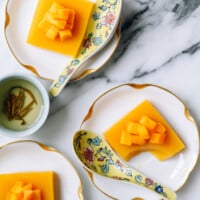 plates with squares of mango pudding