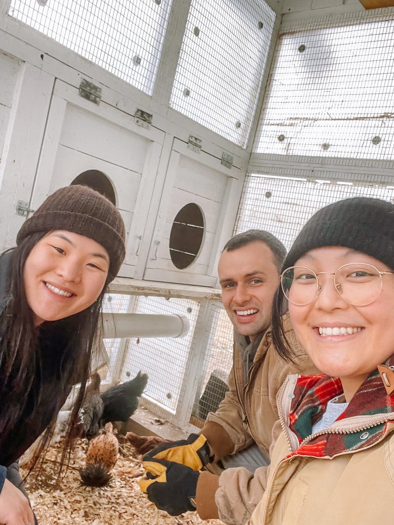 Sarah, Justin and Kaitlin in Chicken Coop