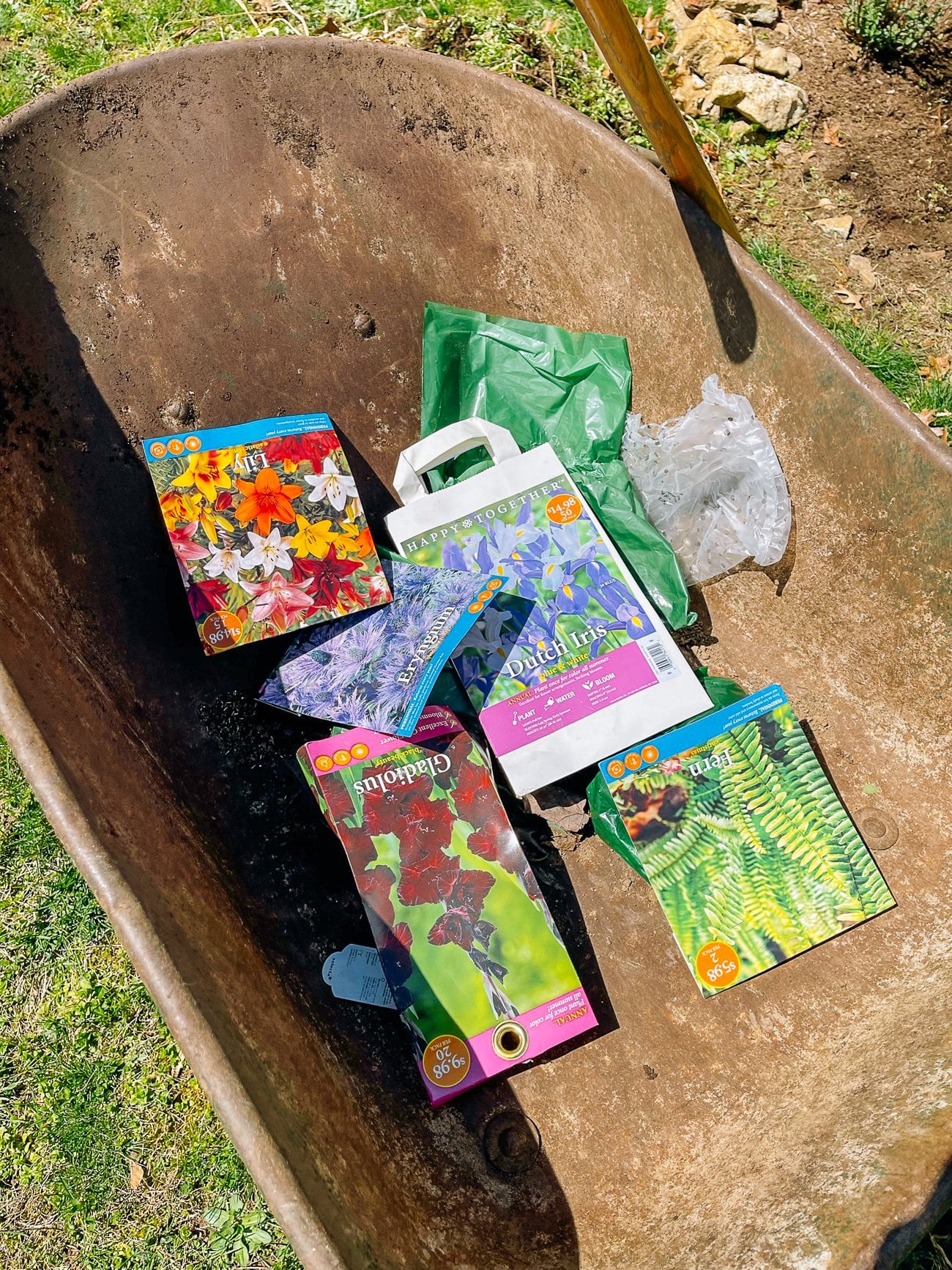 packages of bulbs in wheelbarrow