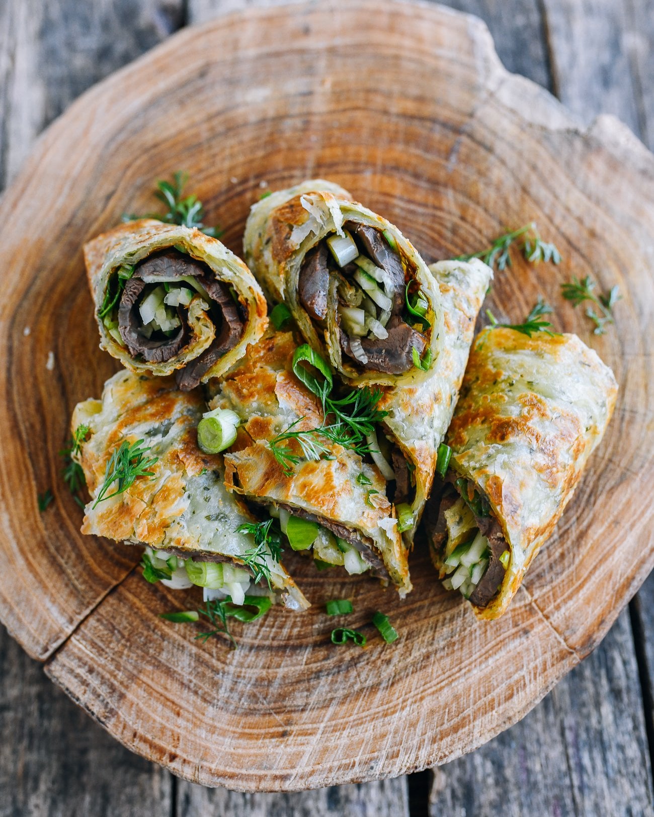 Taiwanese Beef Rolls on scallion pancakes