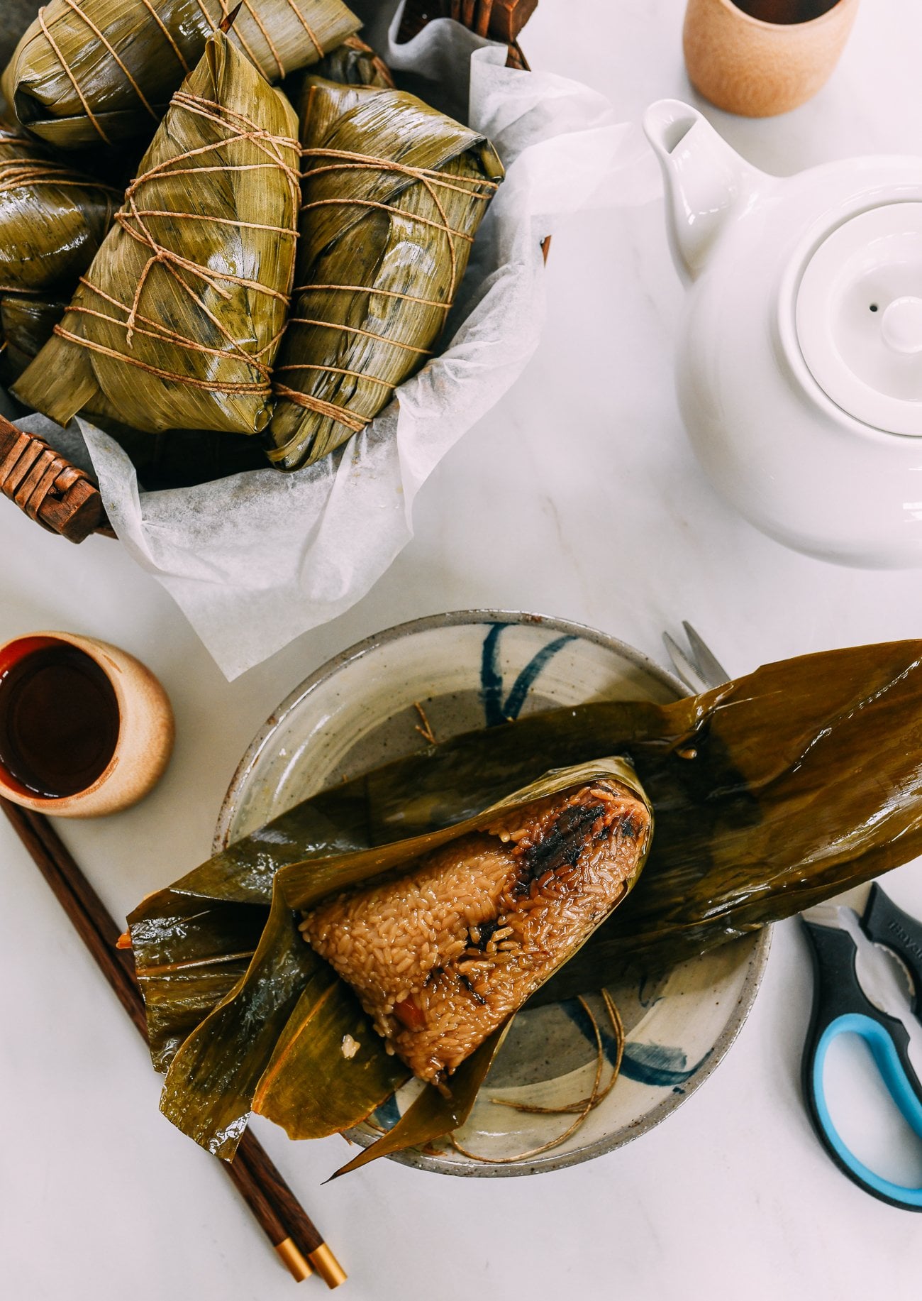 Unwrapped pork belly zongzi with mei cai