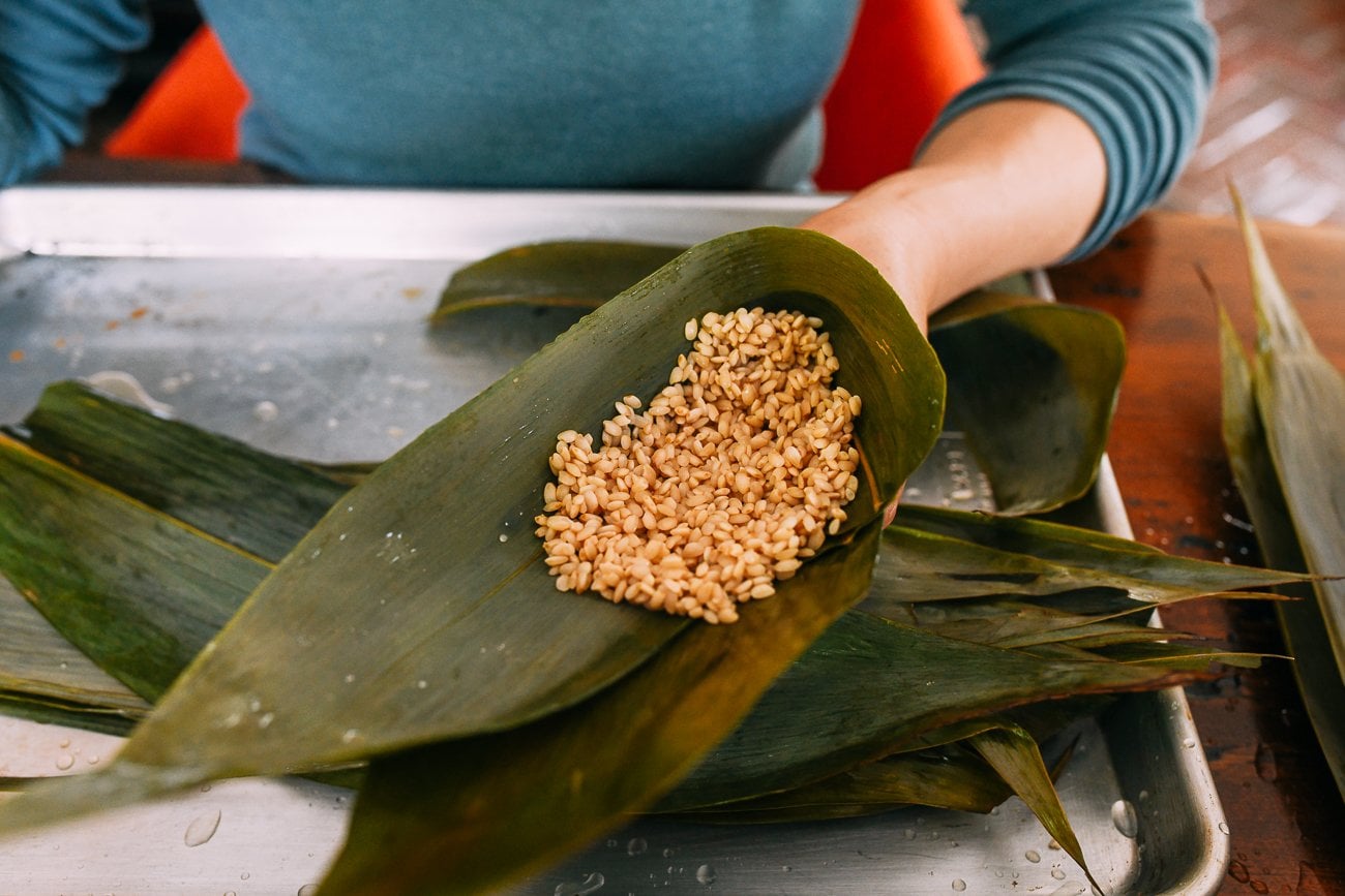 rice in zongzi leaves