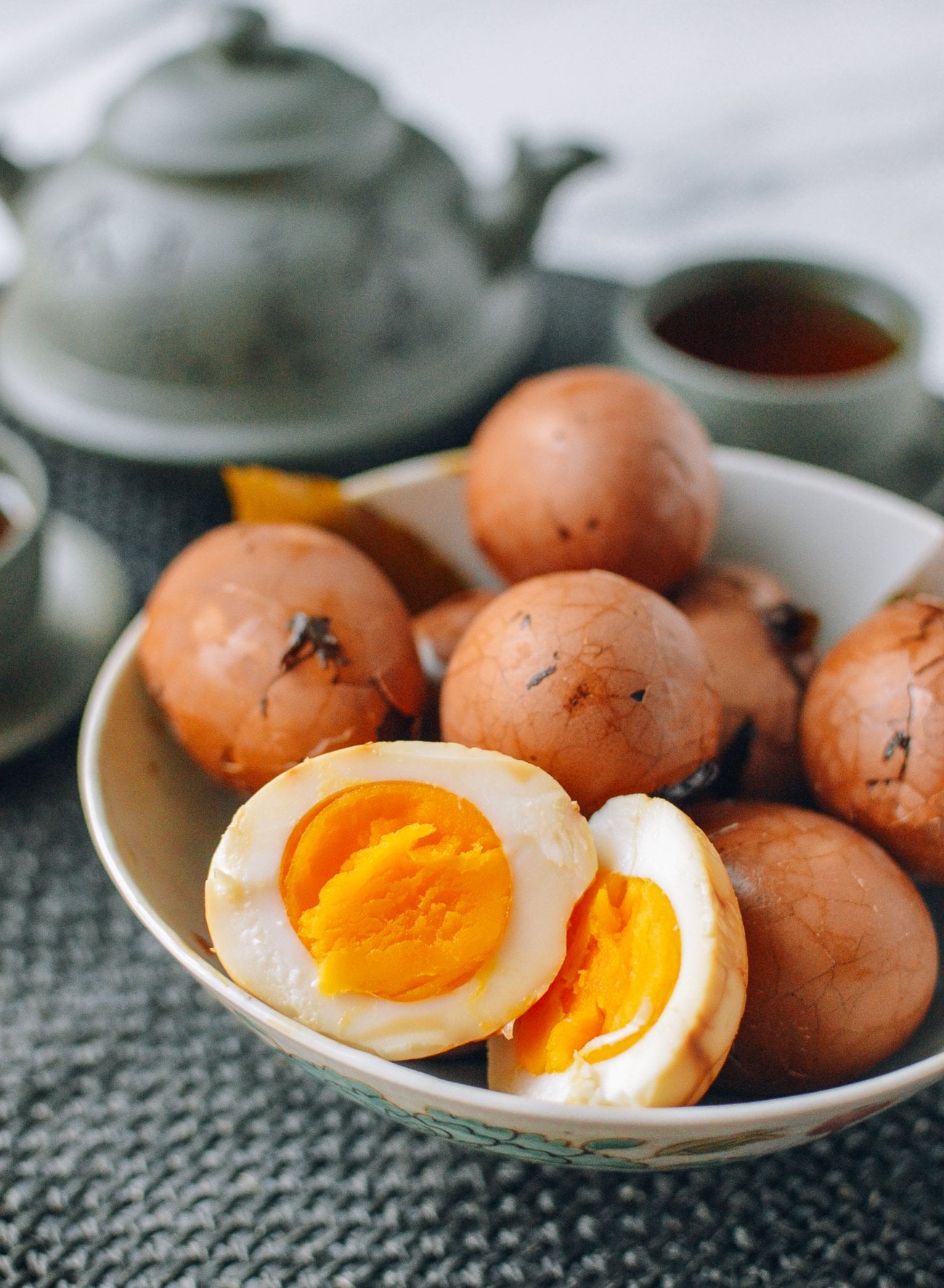 tea egg cut in half with orange yolk