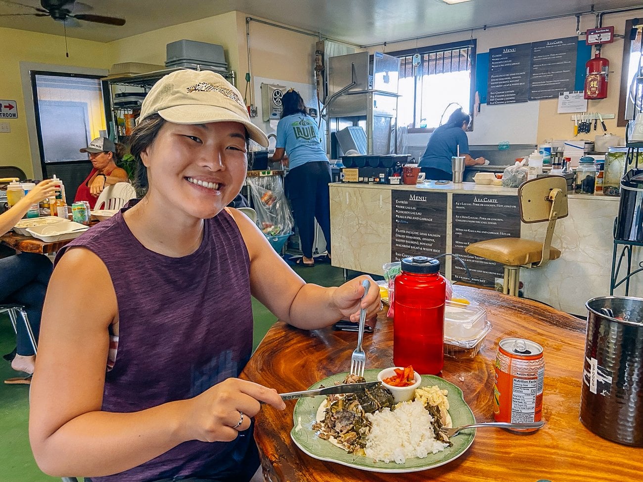 Sarah enjoying pork lau lau at Kaaloa Super J