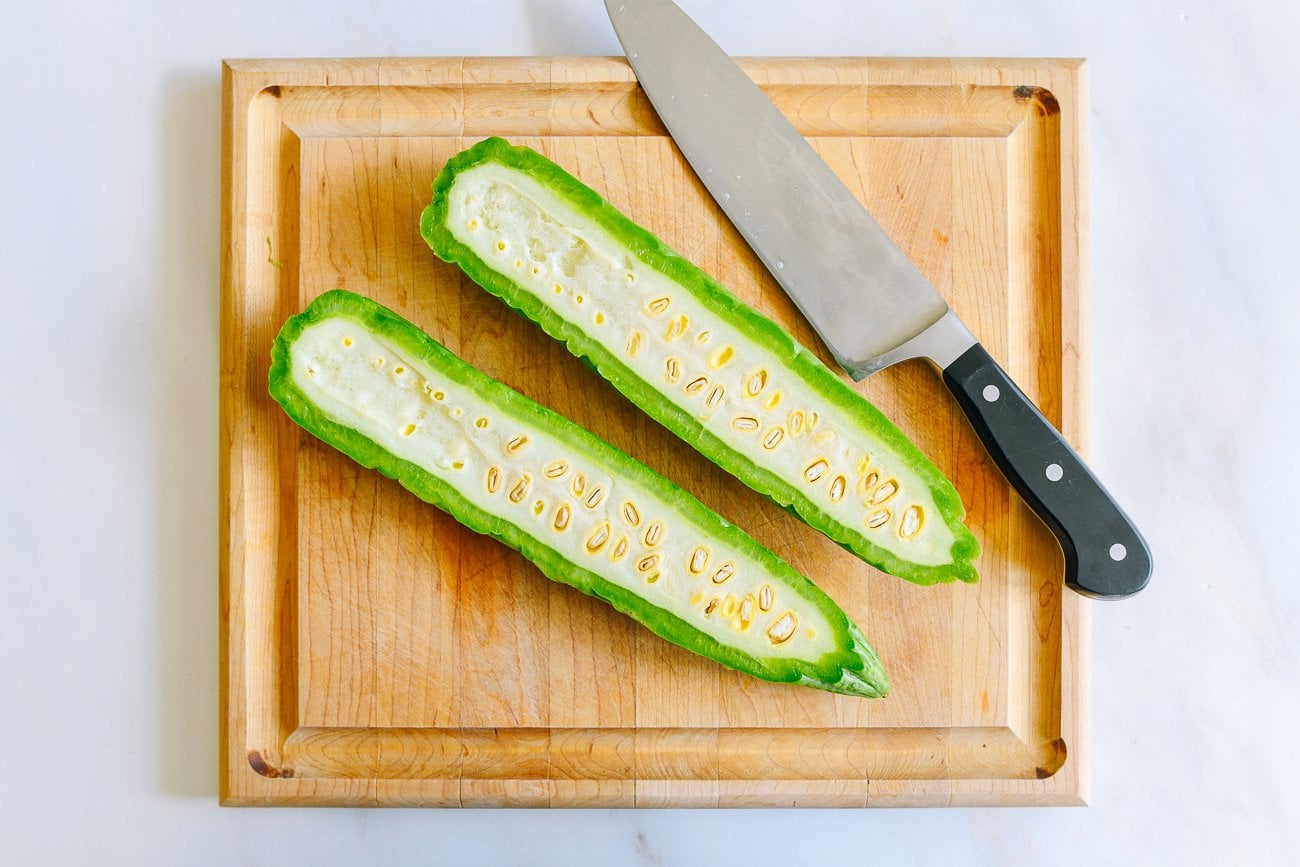 bitter melon halved lengthwise