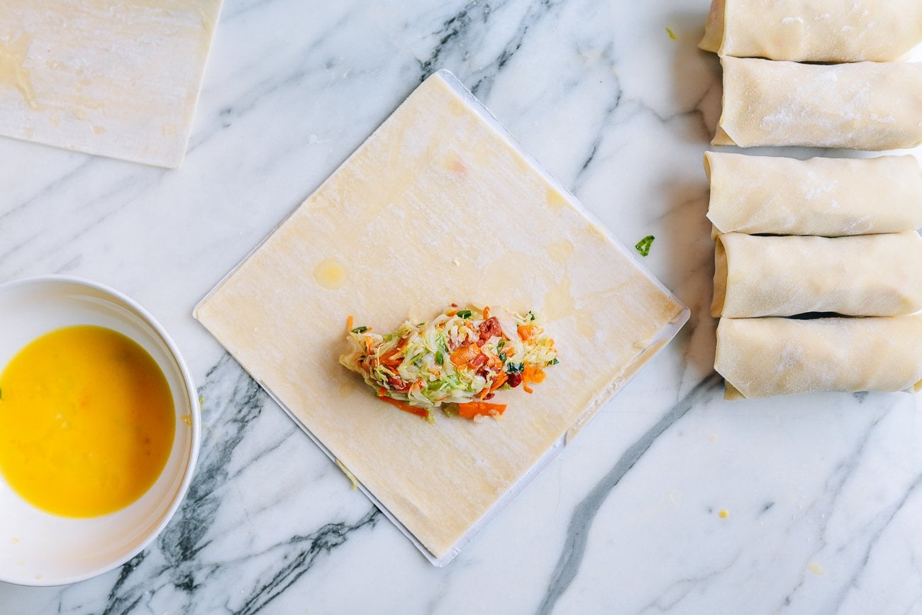 egg roll filling on wrapper